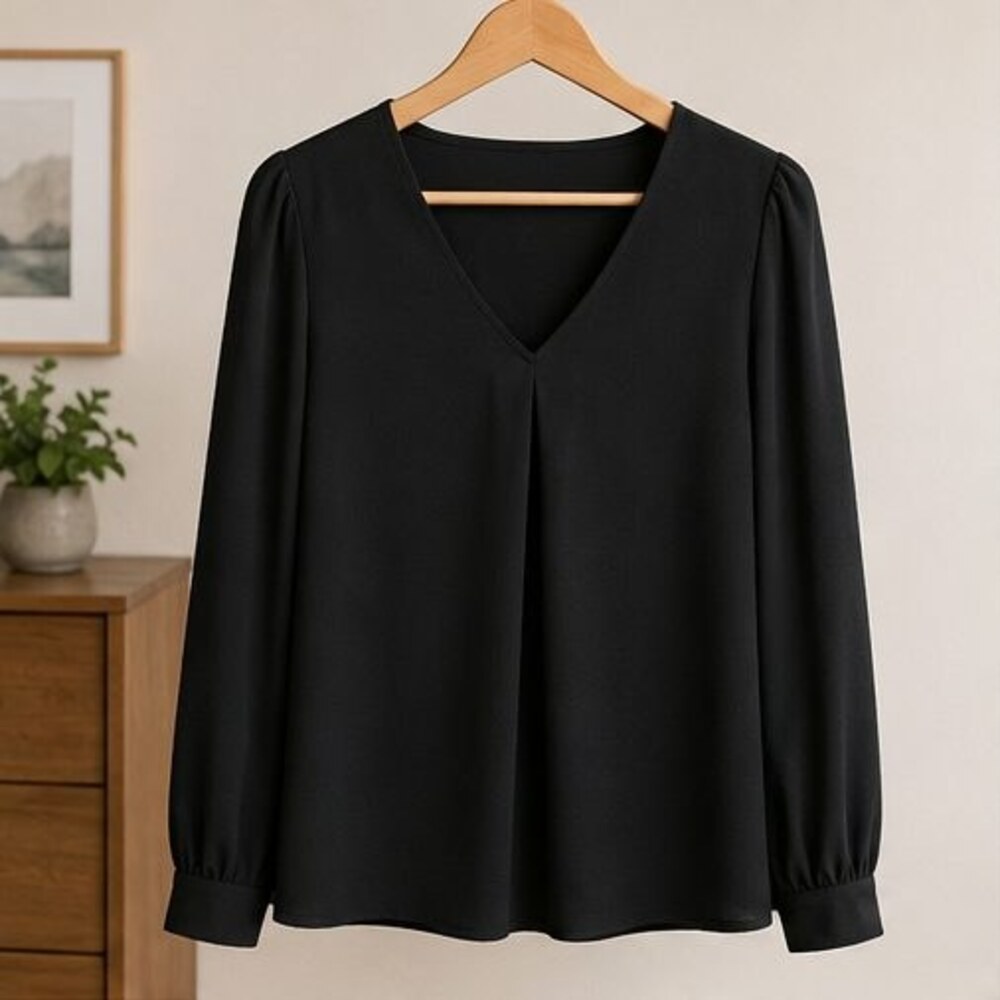 Black Crepe V Neck Blouse